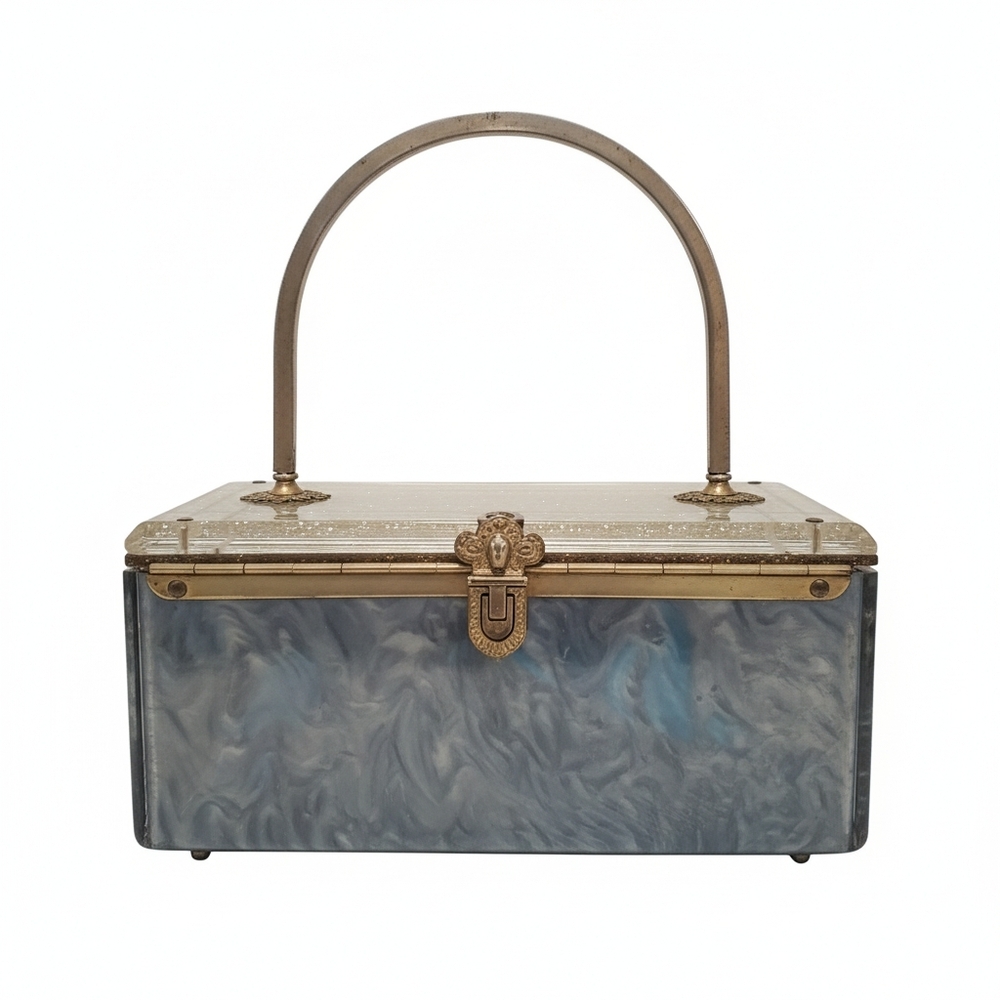 Vintage 1950s Lucite Box Purse Handbag w' Metal Handle Gray & Gold Glitter